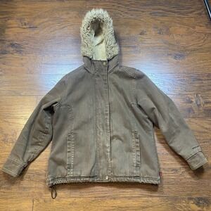 Woolrich Womens Brown Canvas Faux Fur Lined Hooded Parka Jacket Size M